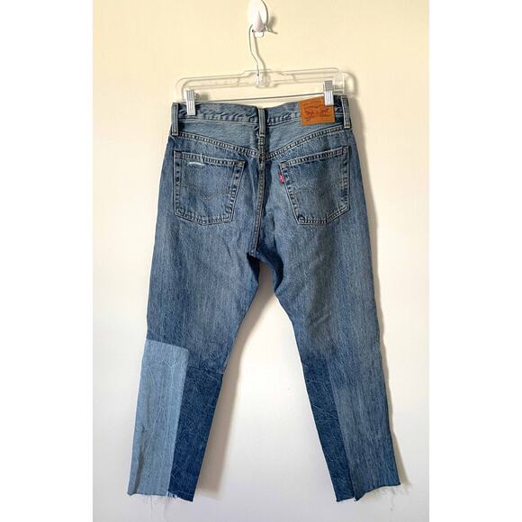 Levi's High Rise Color Block Raw Hem Straight Ankle Denim Jeans Blue Size 27 - Picture 2 of 7